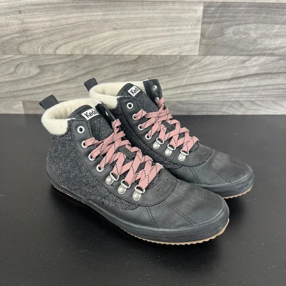 Keds Lace Up Ankle Boots Women's Size 9.5 Gray Black Casual Comfort Fleece Lined